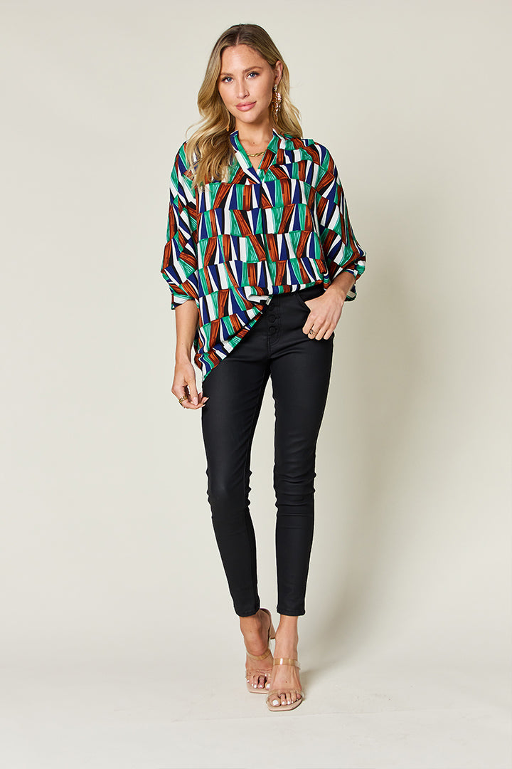 Double Take Geometric Notched Raglan Sleeve Blouse