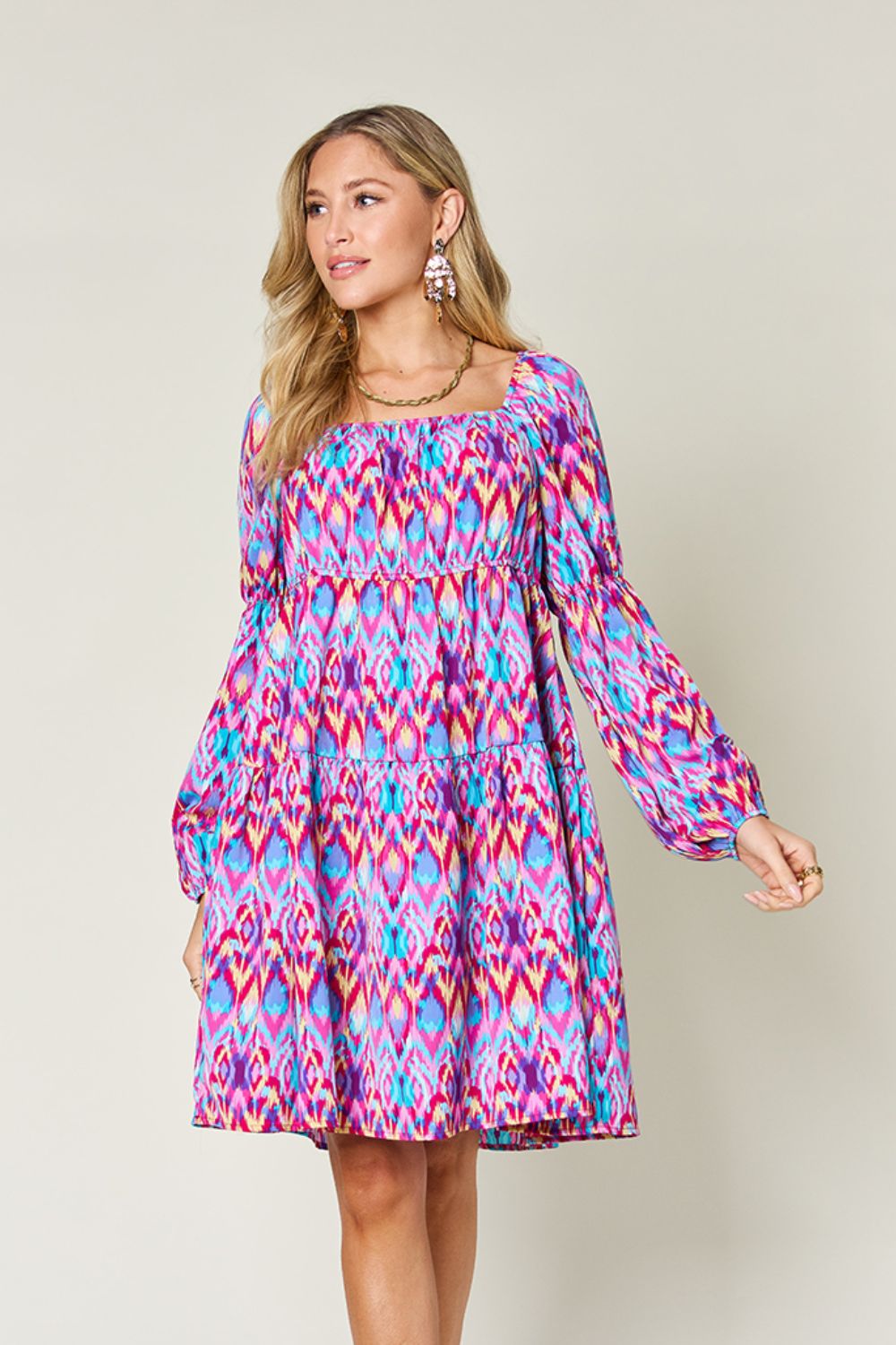 Double Take Printed Long Sleeve Dress