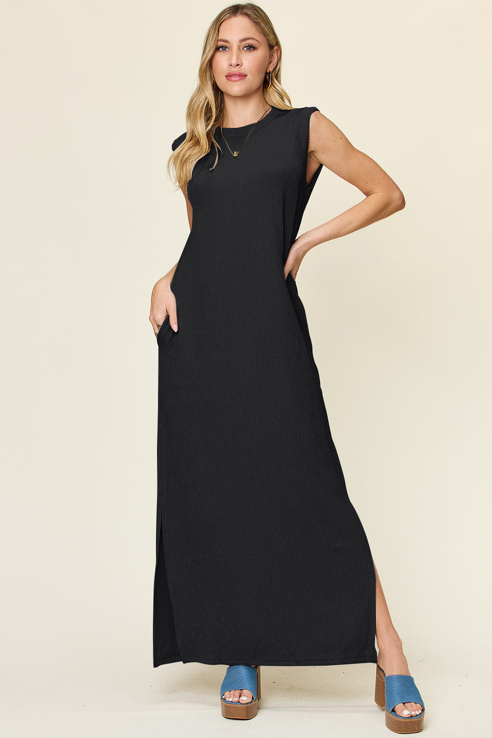 Double Take Texture Mock Neck Sleeveless Maxi Dress