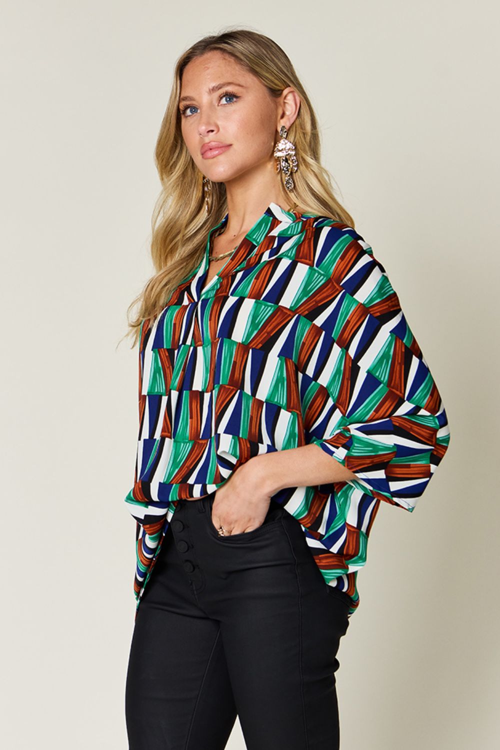 Double Take Geometric Notched Raglan Sleeve Blouse