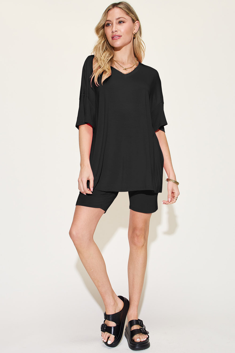 Basic Bae Bamboo V-Neck Drop Shoulder T-Shirt and Shorts Set