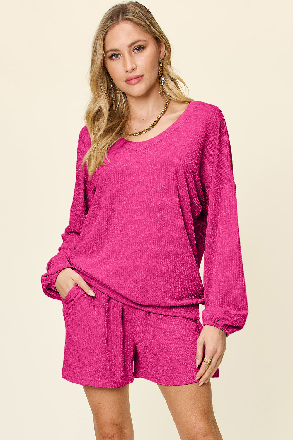 Double Take Texture V-Neck Long Sleeve T-Shirt and Shorts Set