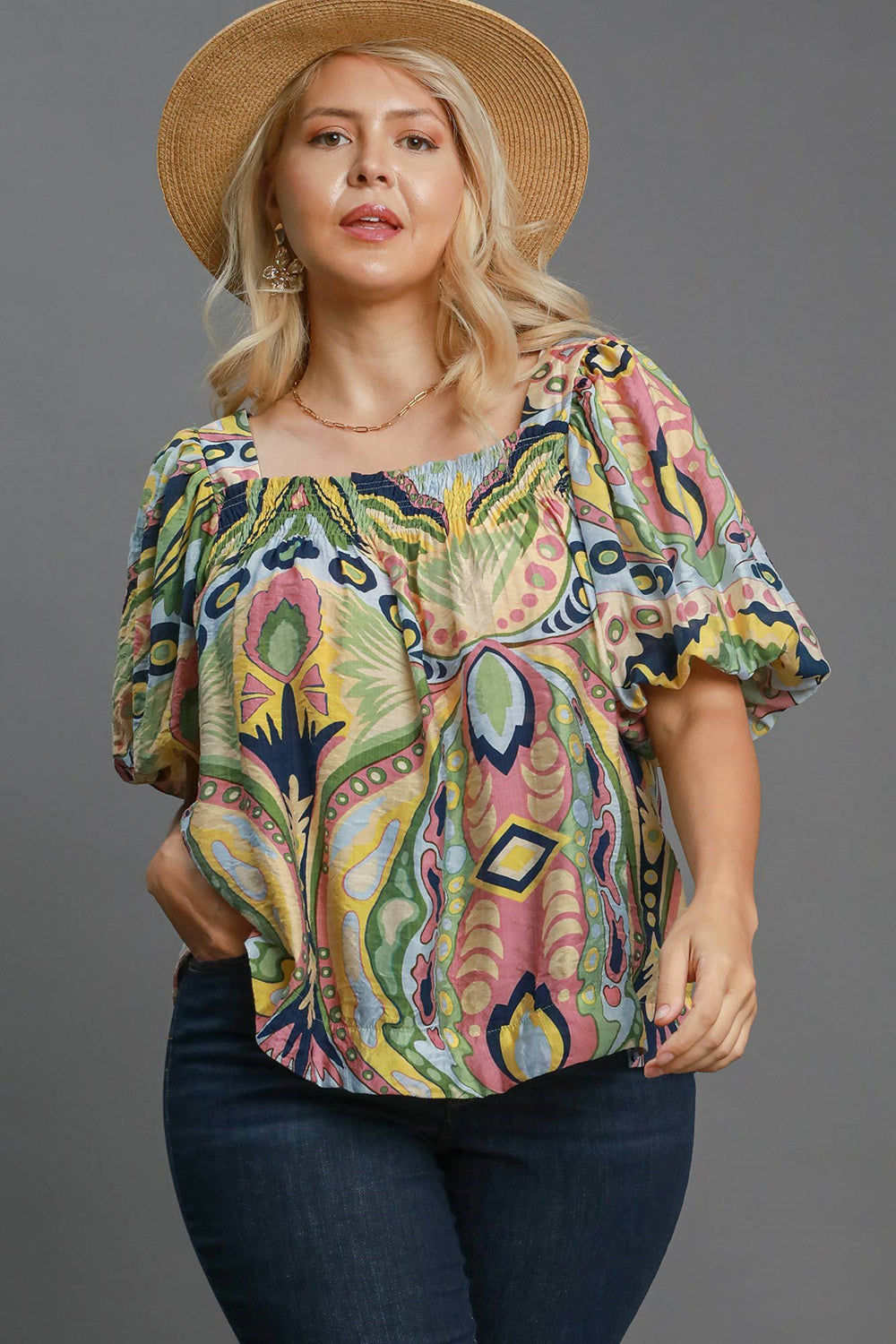 Umgee Abstract Print Smocked Square Neck Puff Sleeve Blouse