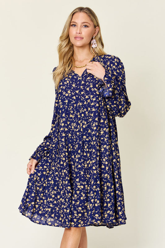 Double Take Printed Ruffle Hem Long Sleeve Tiered Dress