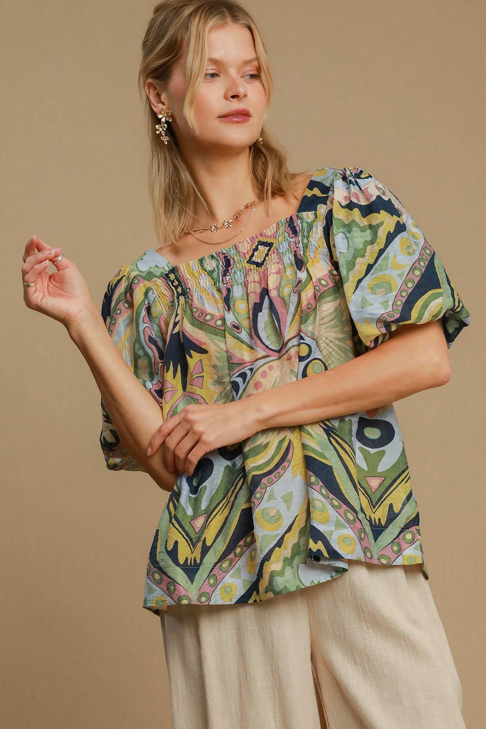 Umgee Abstract Print Smocked Square Neck Puff Sleeve Blouse