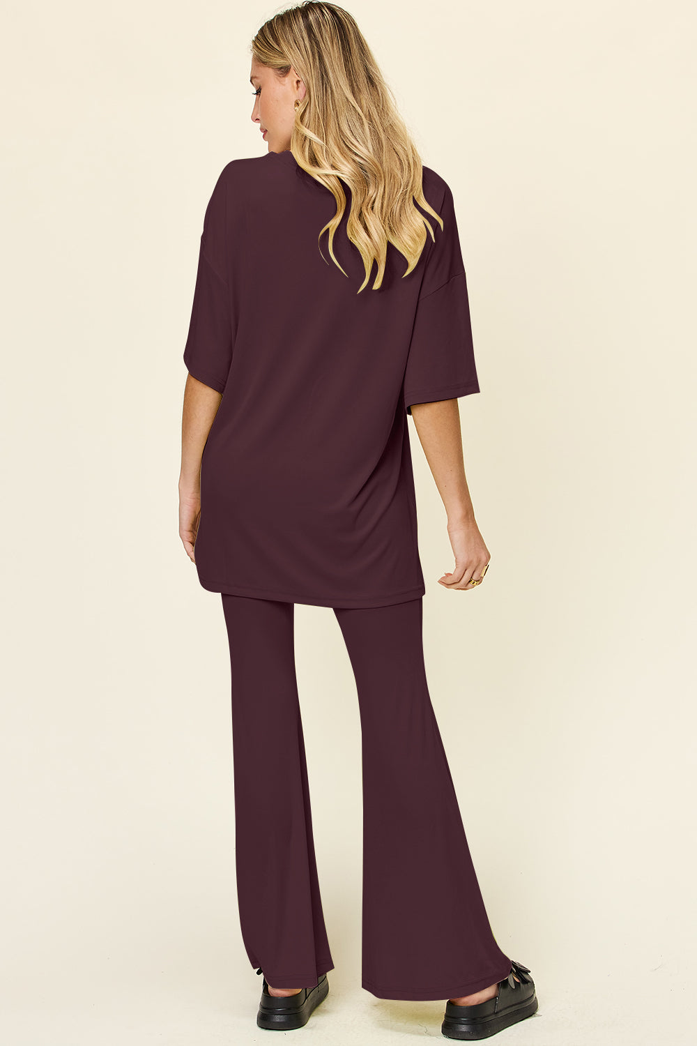 Double Take Round Neck Drop Shoulder T-Shirt and Flare Pants Set