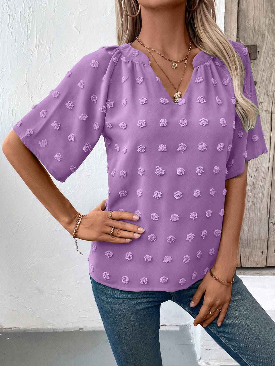 Ivy Lane Swiss Dot Notched Half Sleeve Blouse