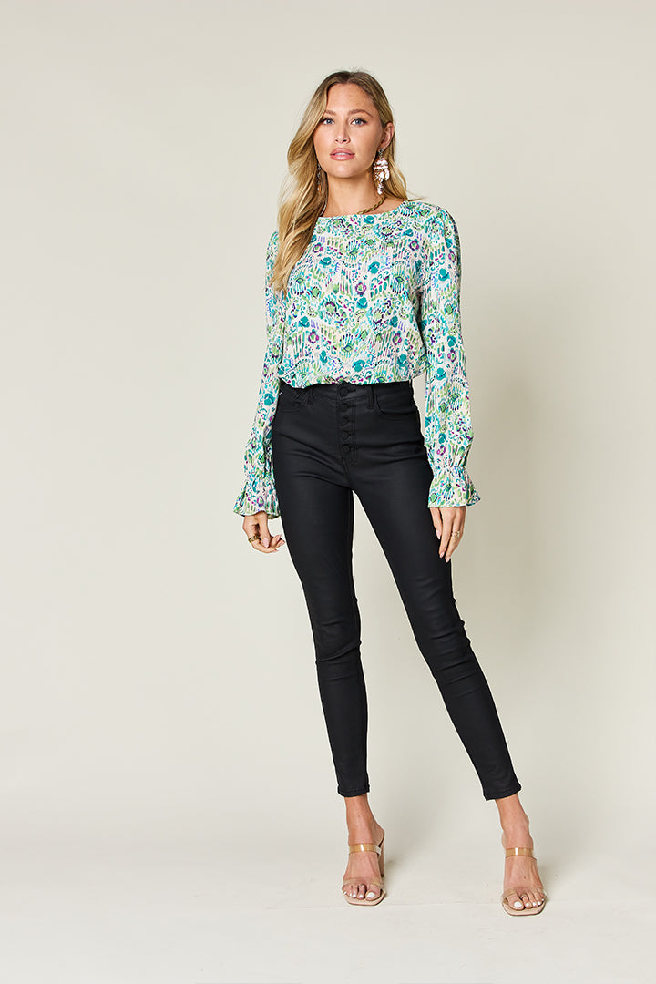 Double Take Printed Flounce Sleeve Blouse