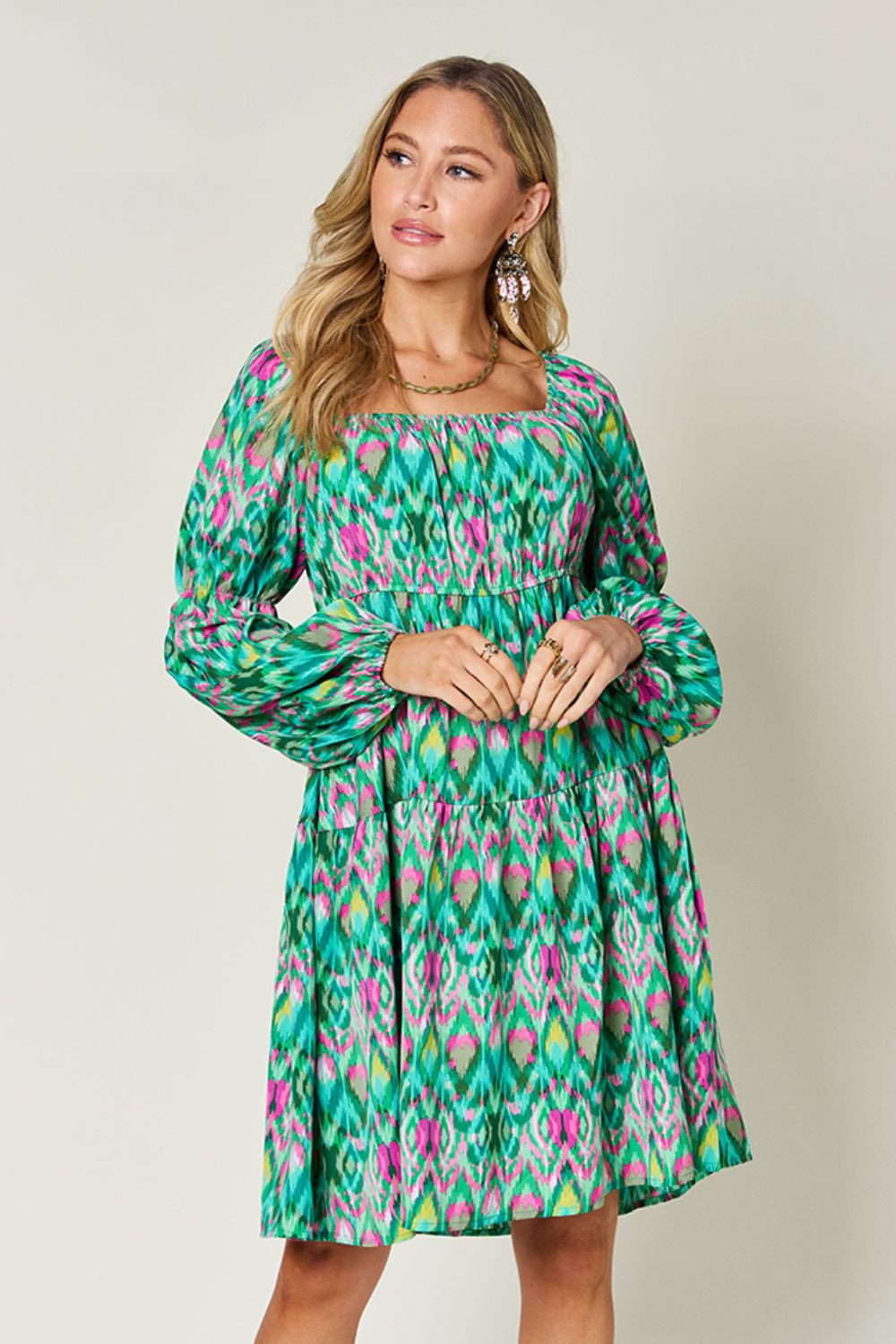 Double Take Printed Long Sleeve Dress