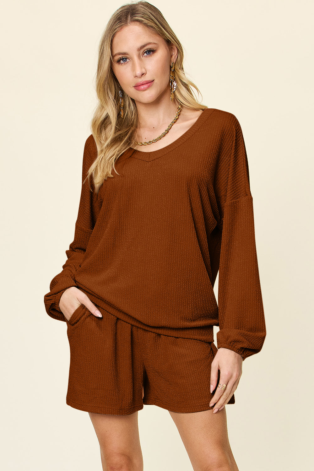 Double Take Texture V-Neck Long Sleeve T-Shirt and Shorts Set