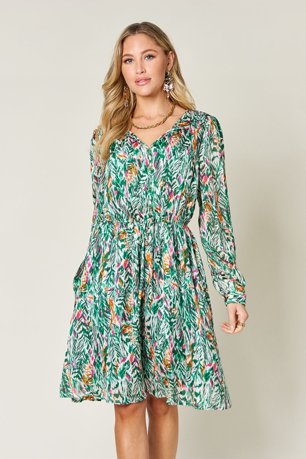 Double Take Printed Drawstring Waist Long Sleeve Dress