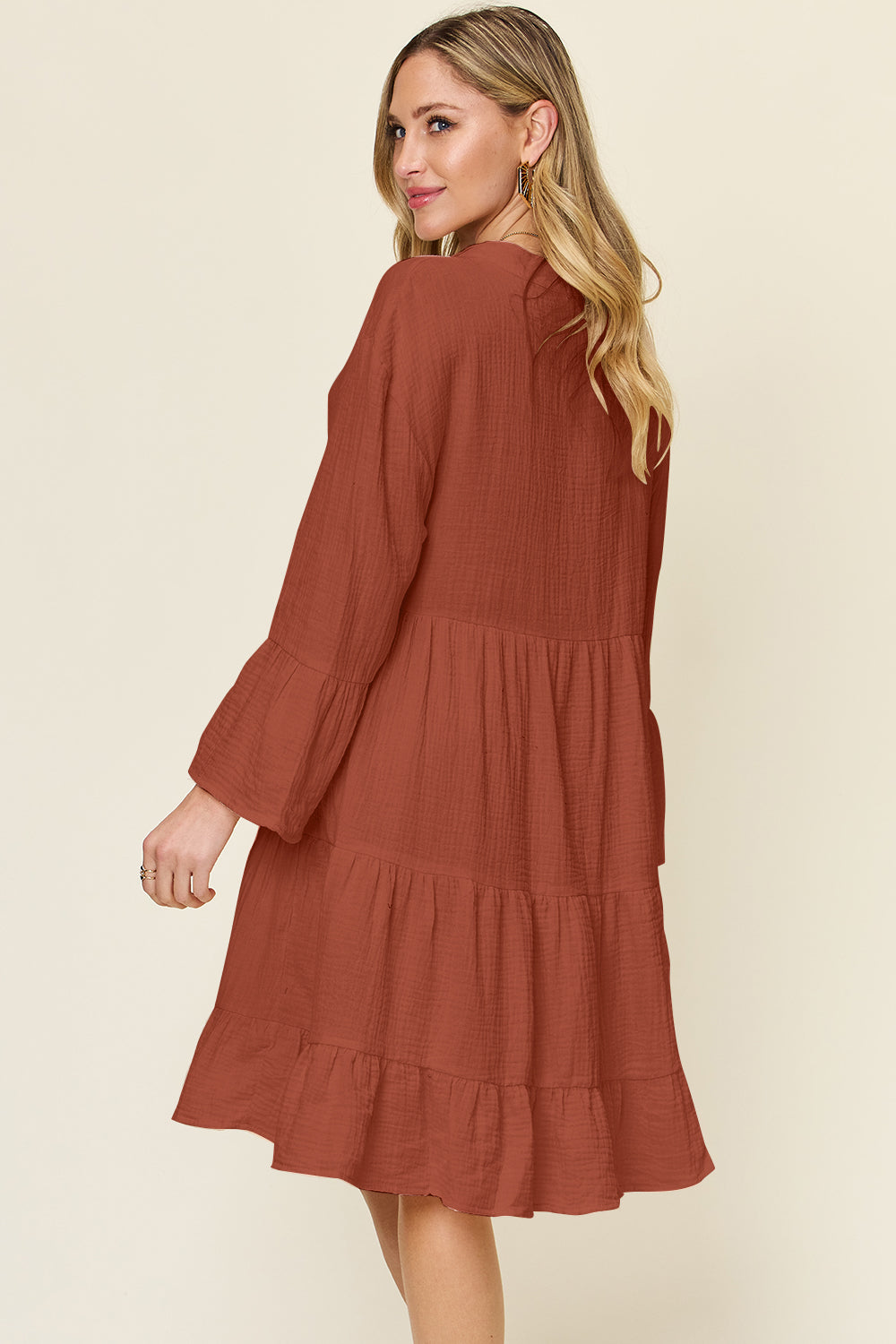 Double Take Texture Button Up Ruffle Hem Dress