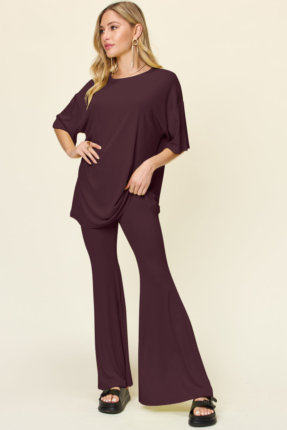 Double Take Round Neck Drop Shoulder T-Shirt and Flare Pants Set