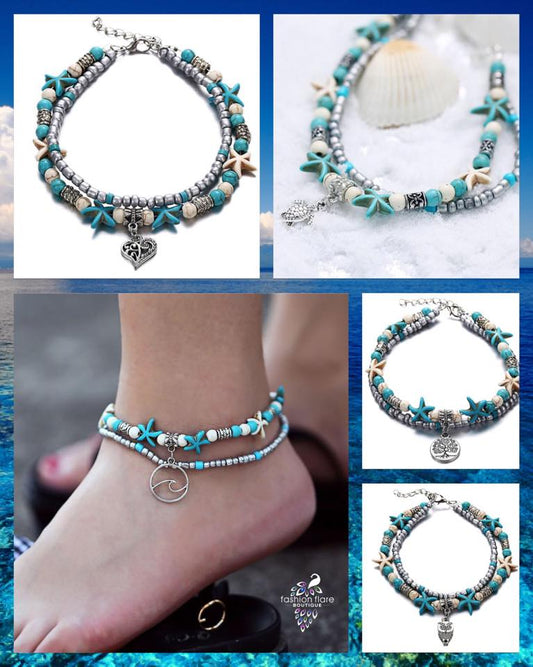 Turtle Charm | Turquoise and Silver Beaded Anklet