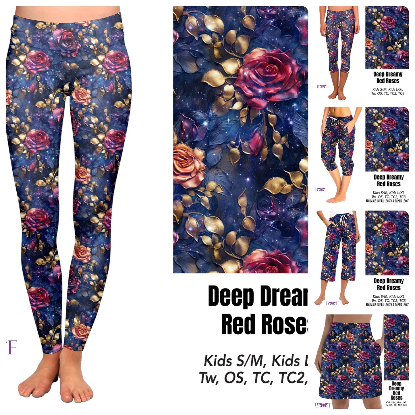 Deep Dreamy Red Roses leggings and skorts with pockets