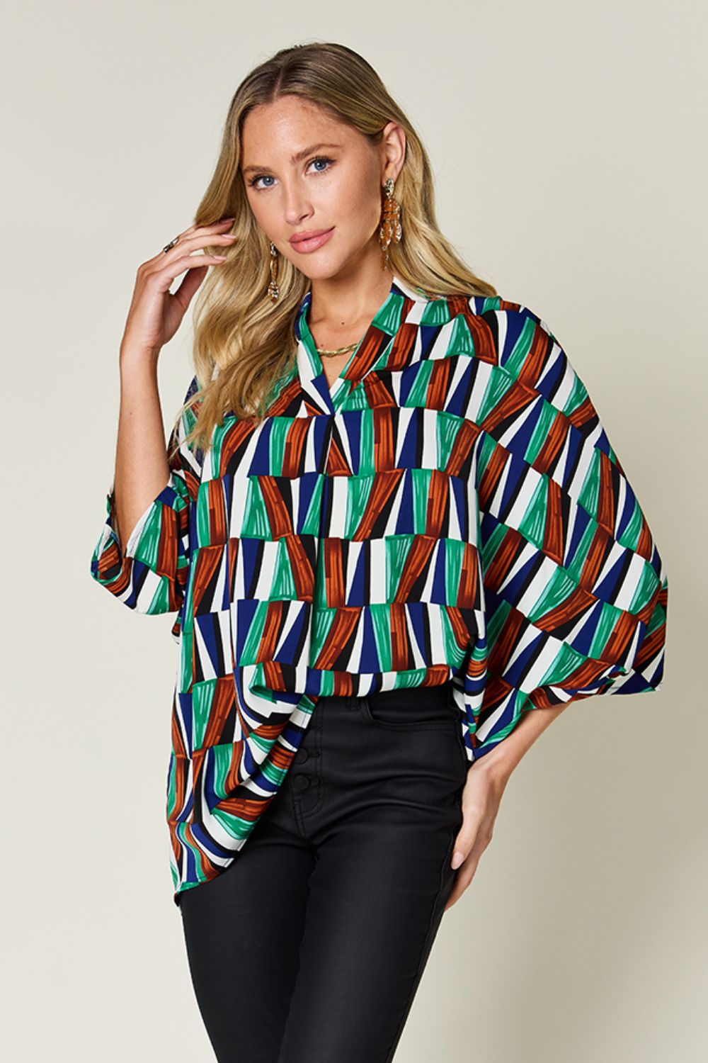 Double Take Geometric Notched Raglan Sleeve Blouse