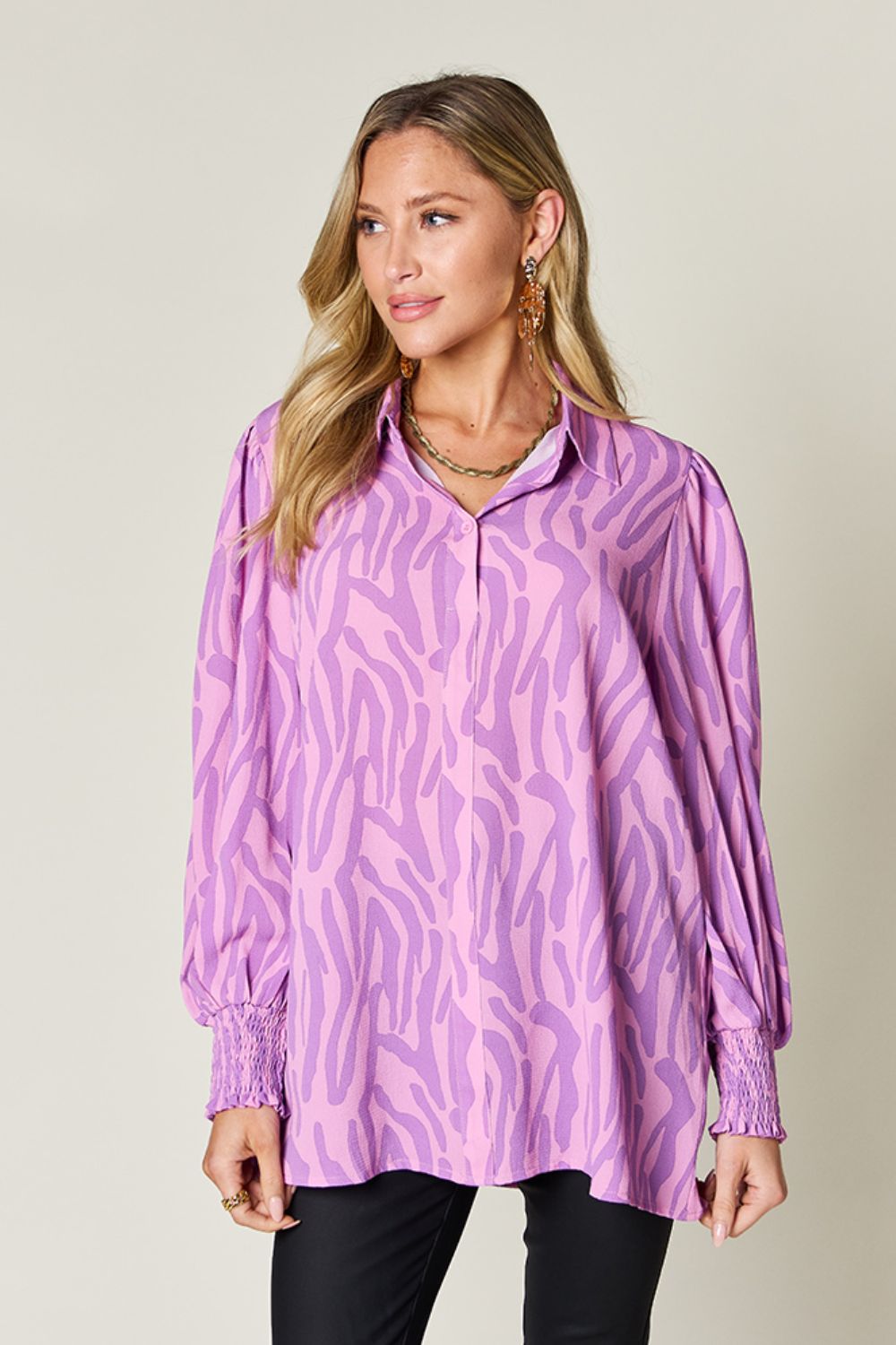 Double Take Printed Smocked Long Sleeve Blouse