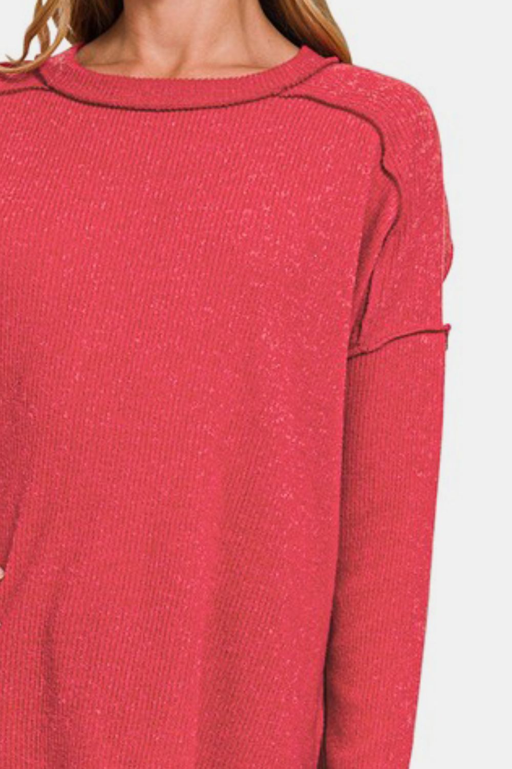 Zenana Exposed Seam Brushed Round Neck Sweater