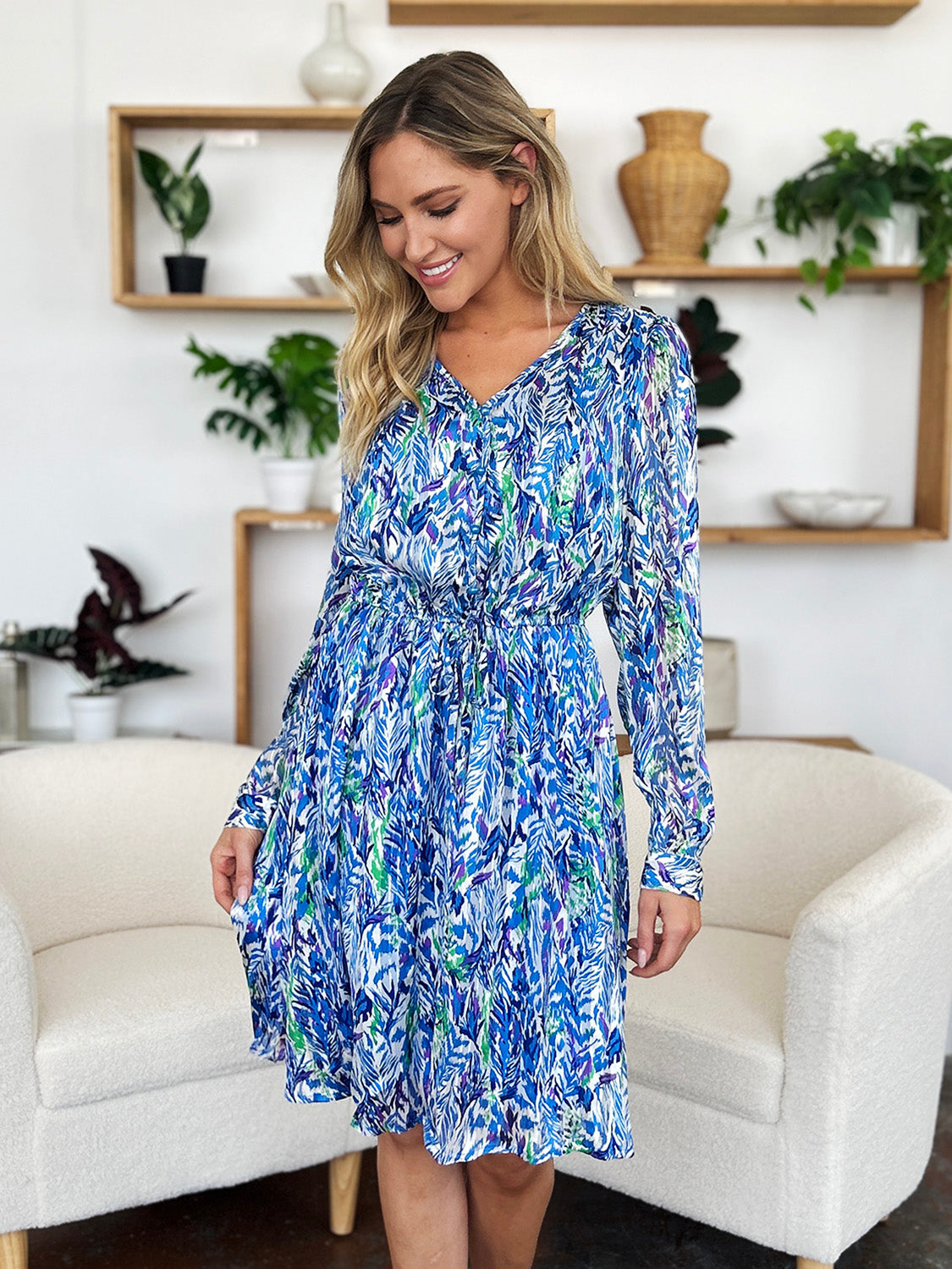 Double Take Printed Drawstring Waist Long Sleeve Dress