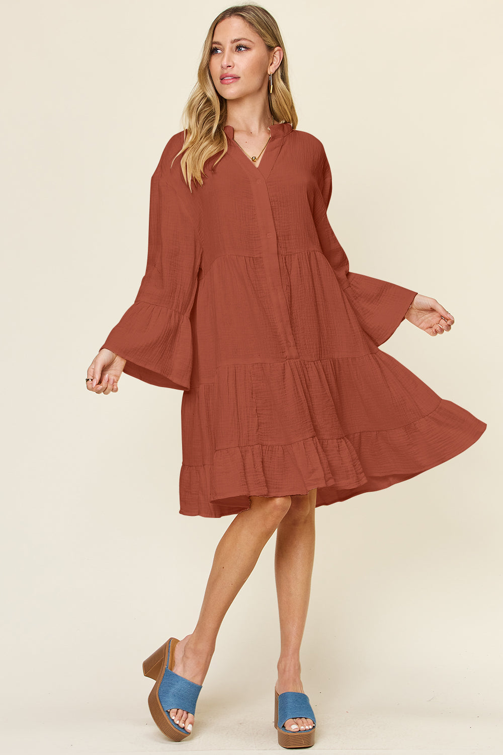 Double Take Texture Button Up Ruffle Hem Dress