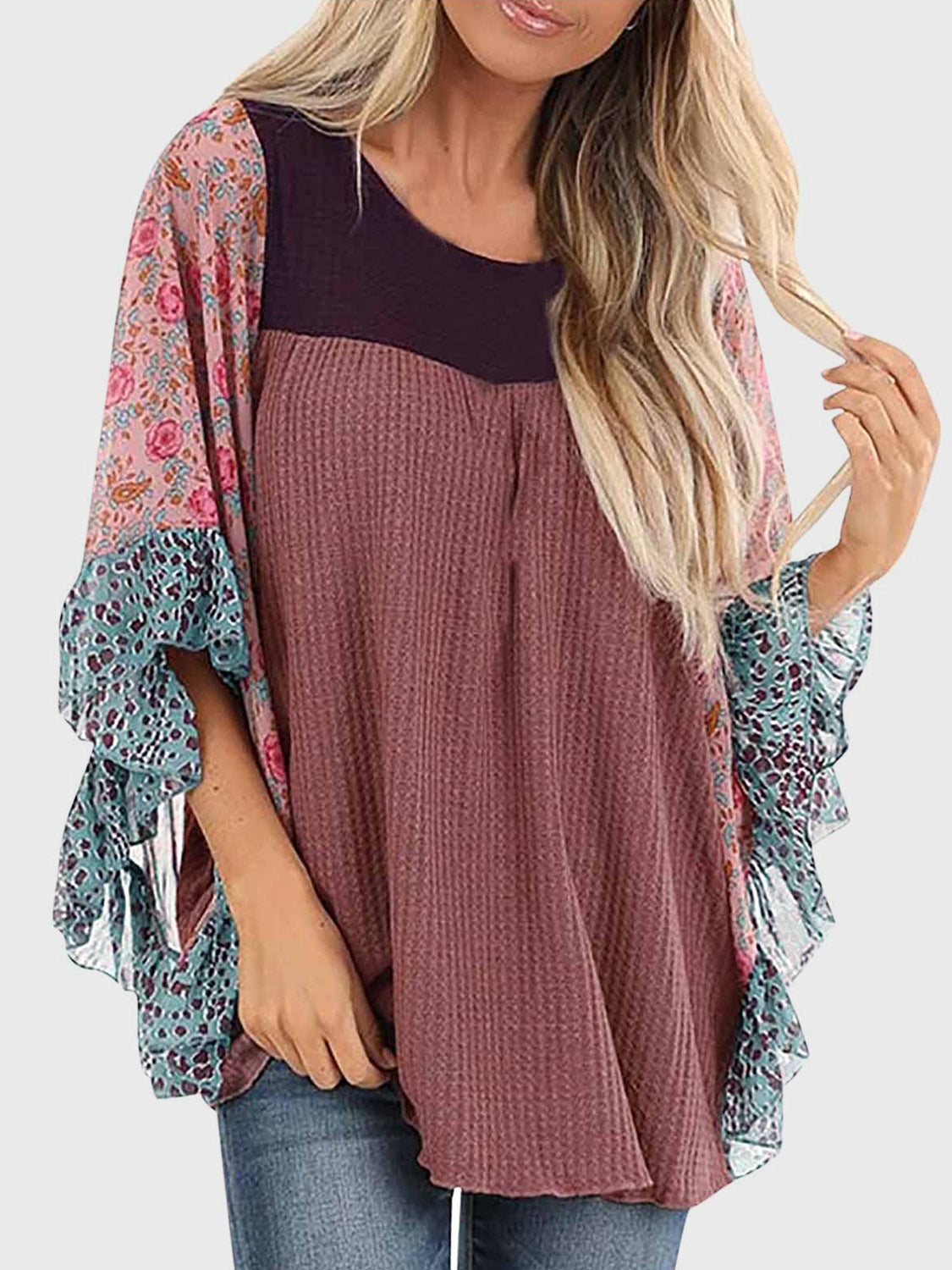 Printed Round Neck Three-Quarter Sleeve Blouse