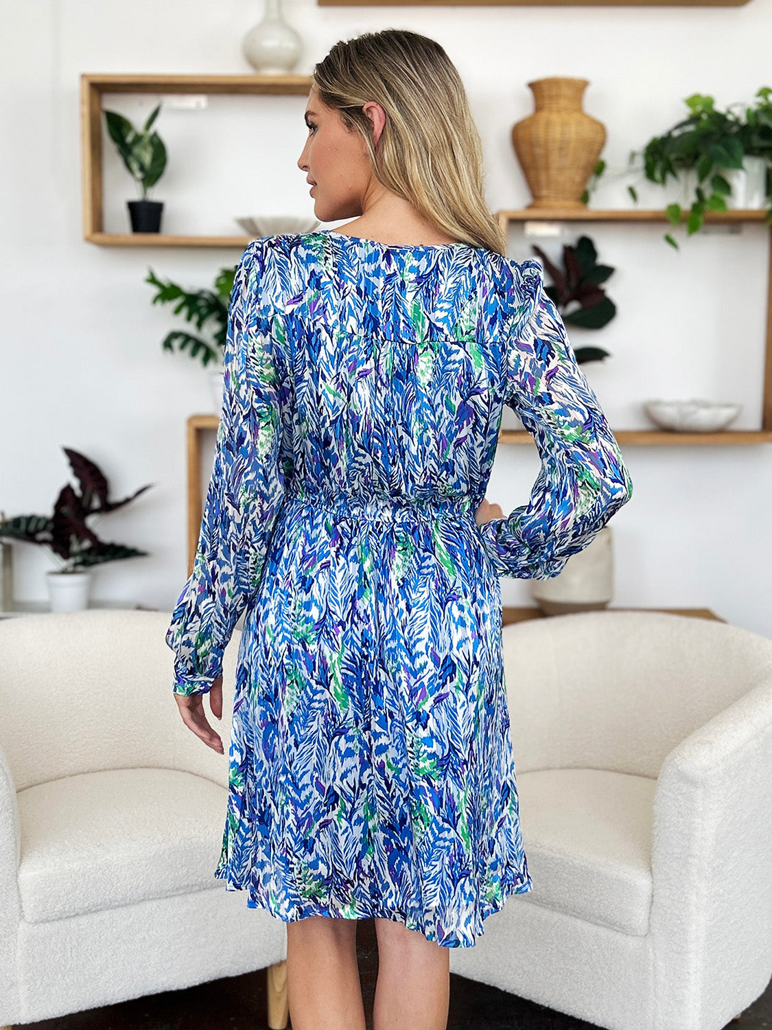 Double Take Printed Drawstring Waist Long Sleeve Dress