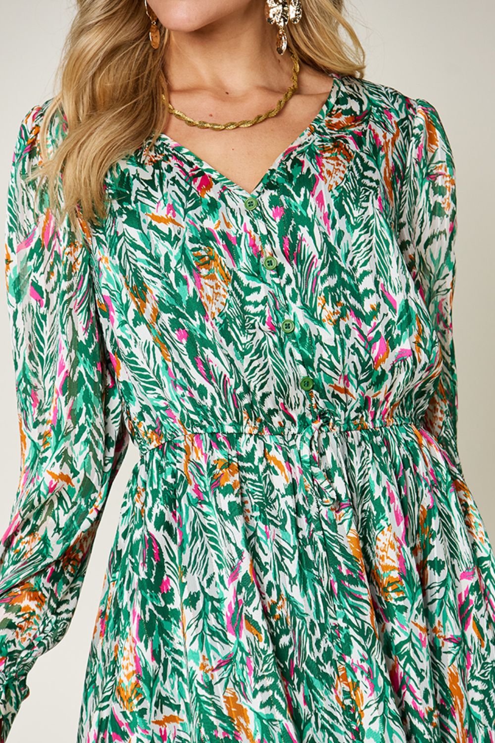 Double Take Printed Drawstring Waist Long Sleeve Dress