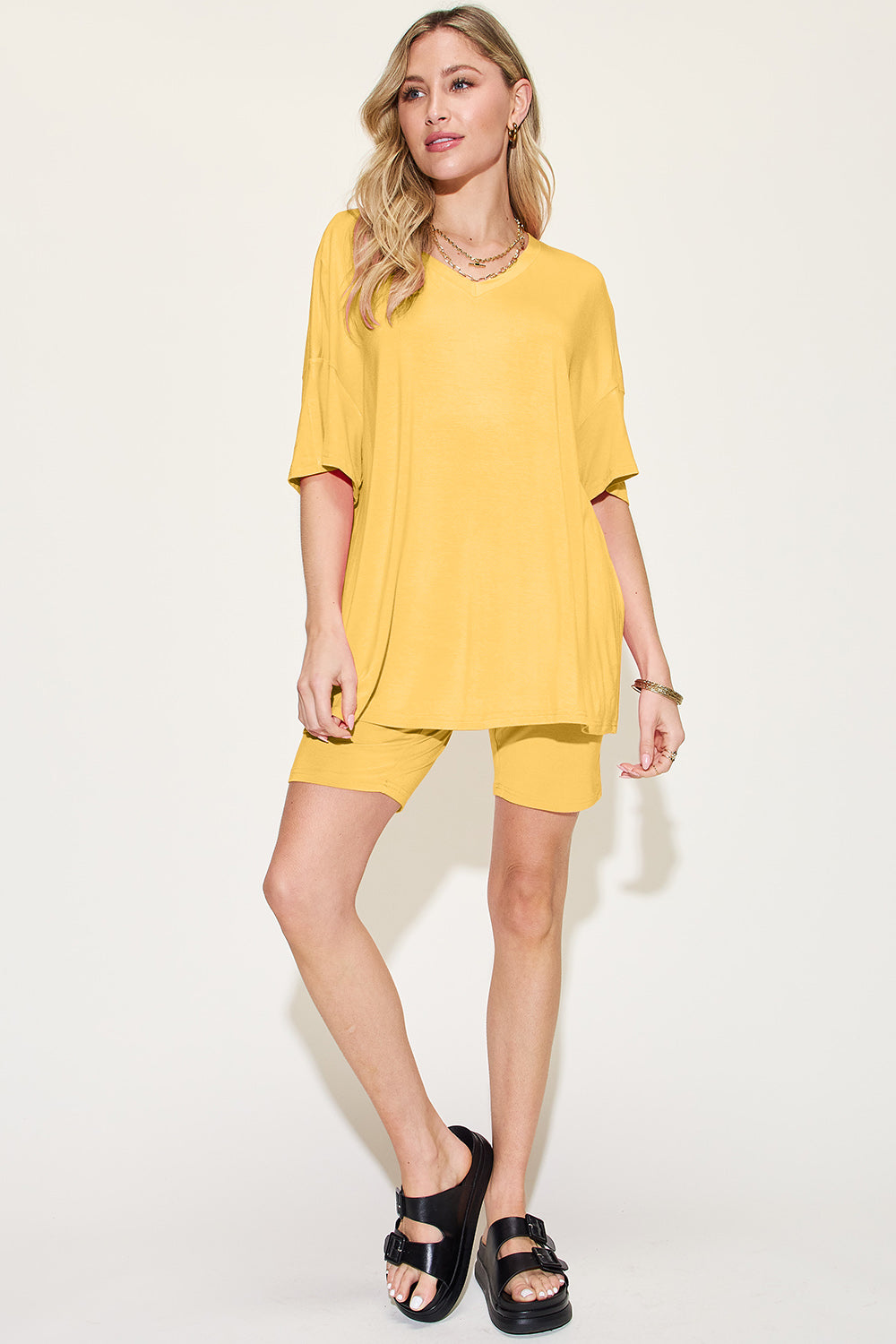 Basic Bae Bamboo V-Neck Drop Shoulder T-Shirt and Shorts Set