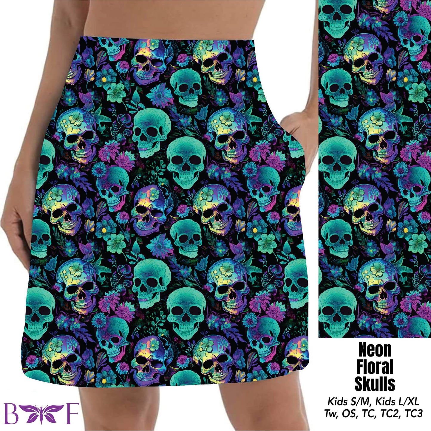 Neon Floral Skulls Skort