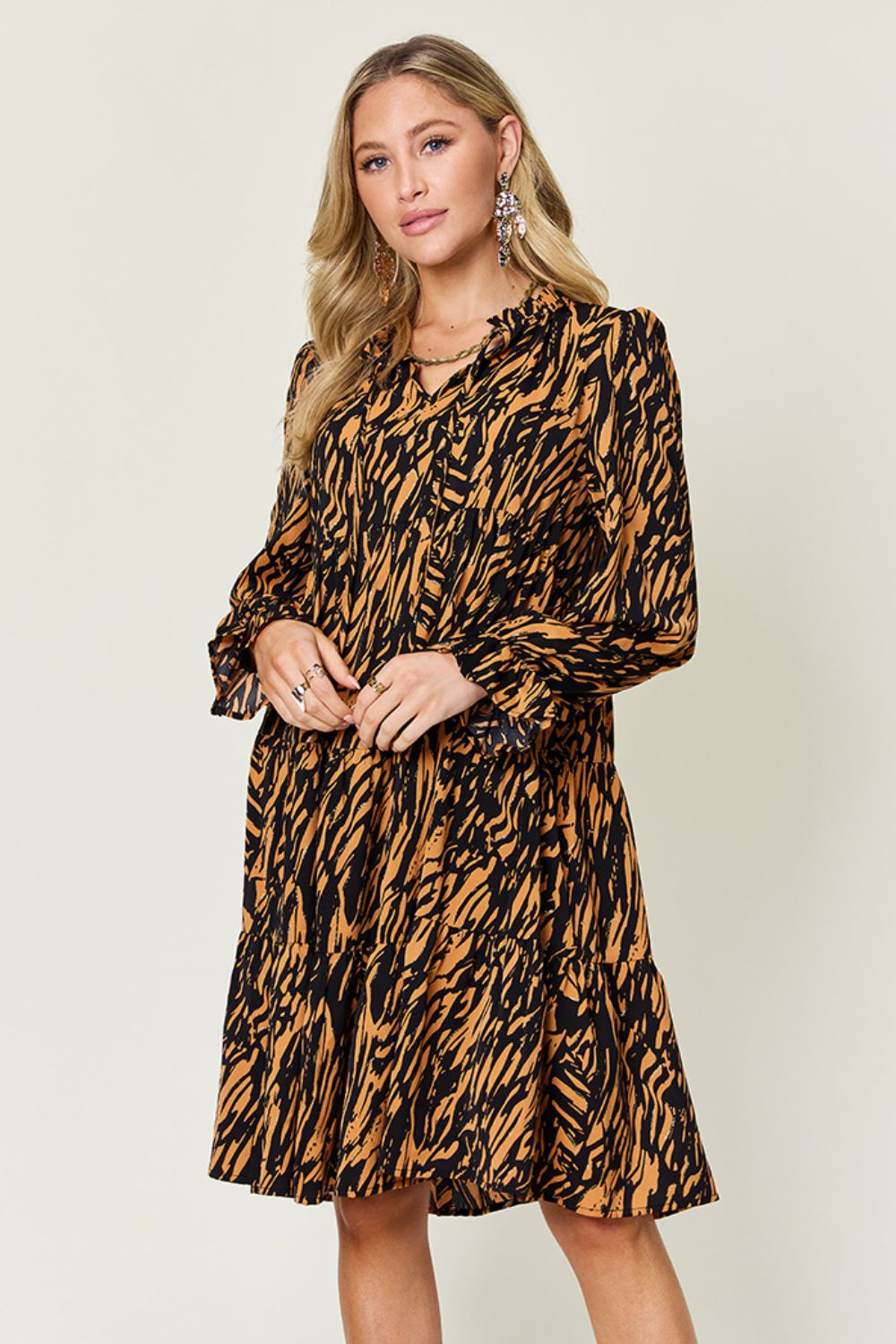 Double Take Printed Ruffle Hem Long Sleeve Dress