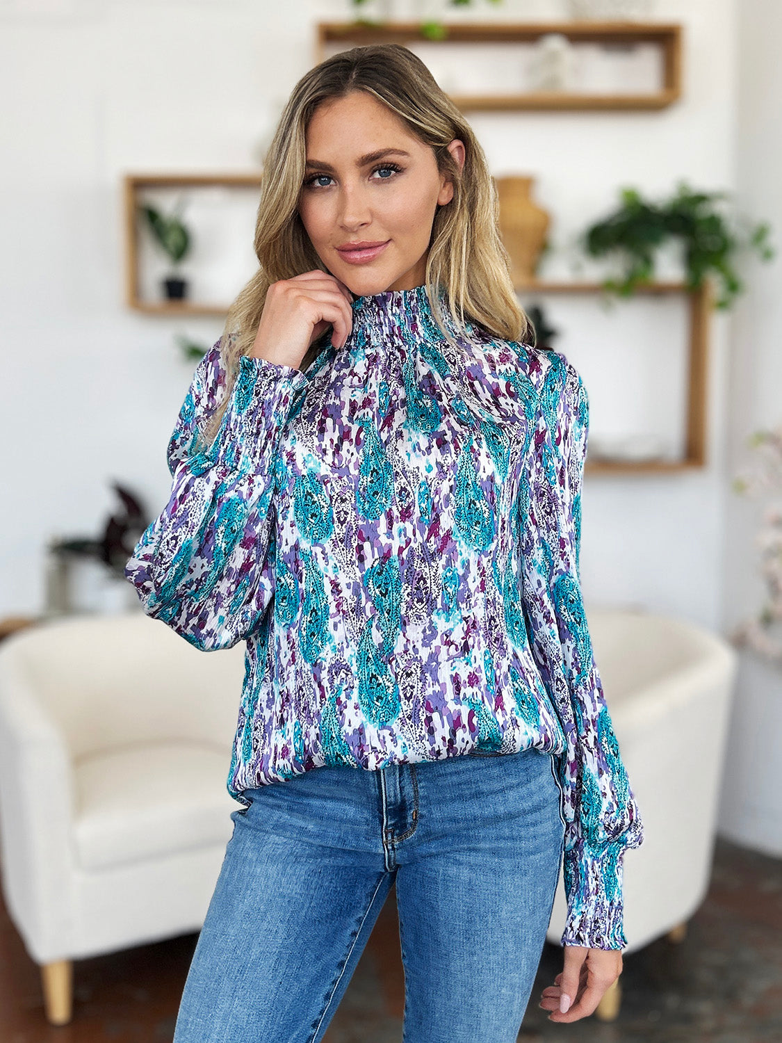 Double Take Printed Smocked Long Sleeve Blouse