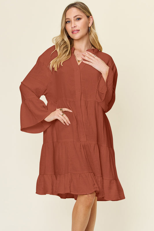 Double Take Texture Button Up Ruffle Hem Dress