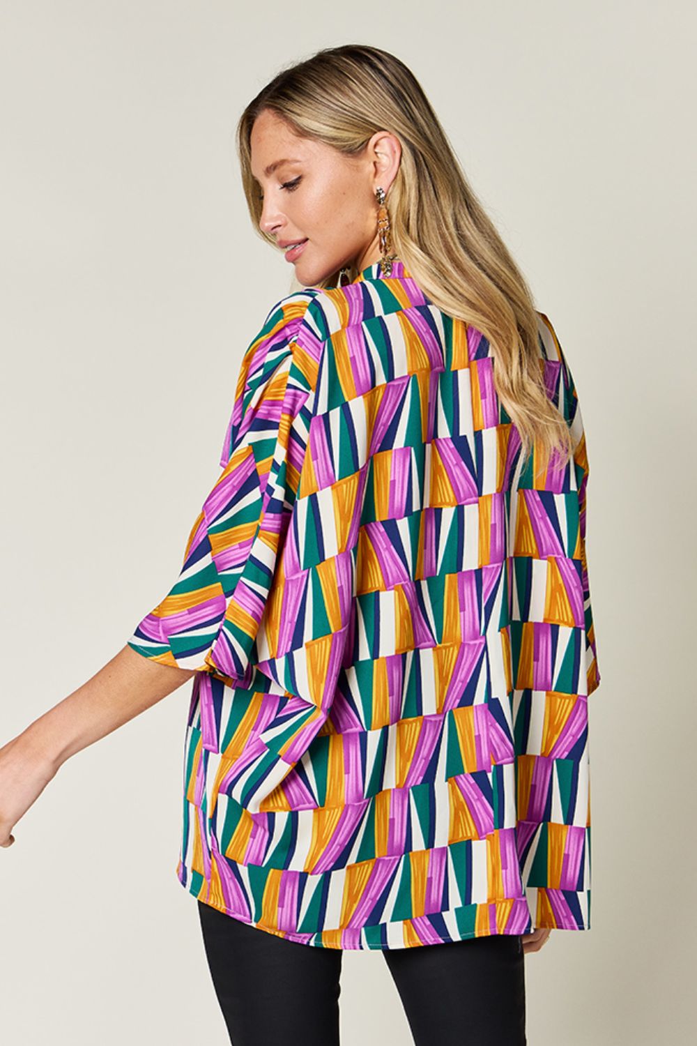 Double Take Geometric Notched Raglan Sleeve Blouse