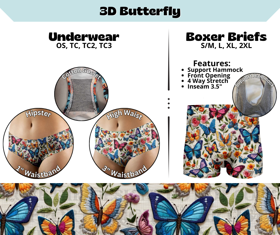 Preorder! Closes 3/13. ETA June. 3D Butterfly Hipster & High Waist Underwear & Boxer Briefs