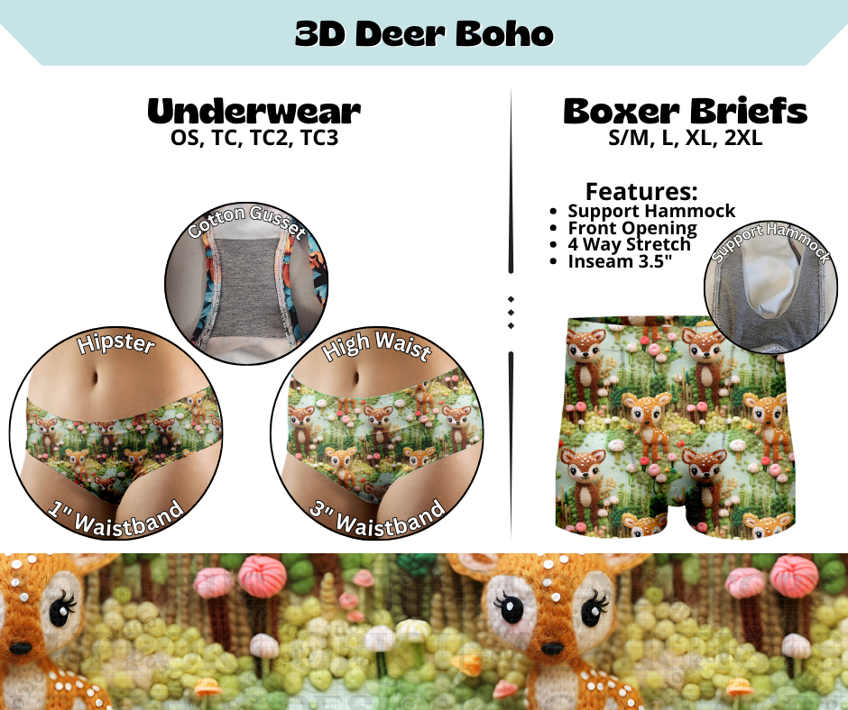 Preorder! Closes 3/13. ETA June. 3D Deer Boho Hipster & High Waist Underwear & Boxer Briefs