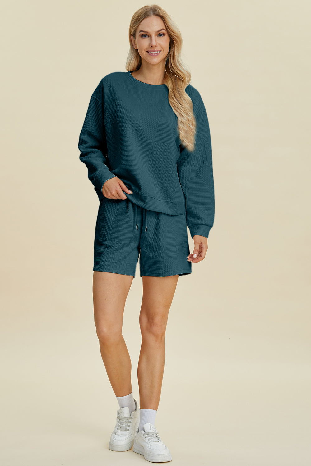 Double Take Texture Round Neck Long Sleeve Top and Shorts Set