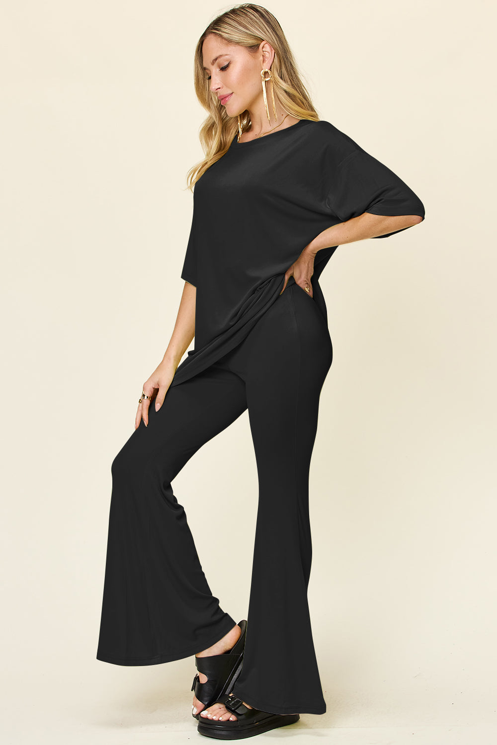 Double Take Round Neck Drop Shoulder T-Shirt and Flare Pants Set