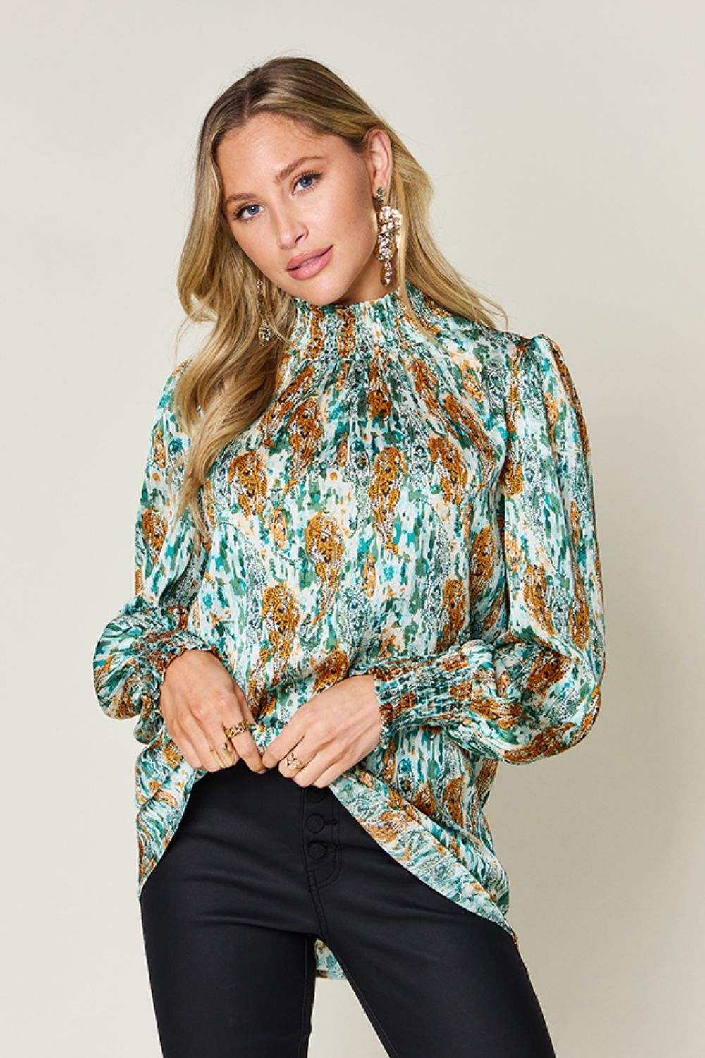 Double Take Printed Smocked Long Sleeve Blouse