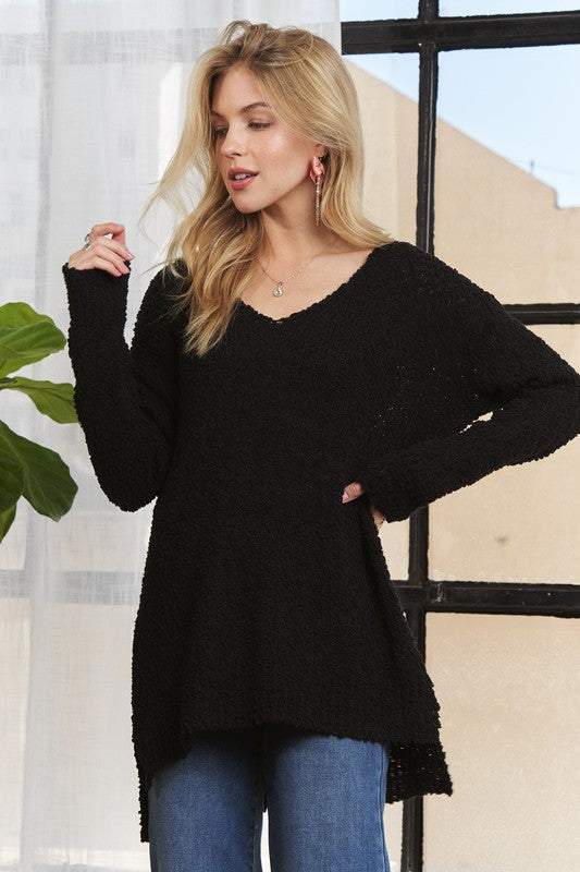 ADORA High-Low Side Slit V-Neck Sweater