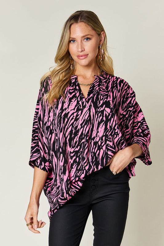 Double Take Printed Notched Three-Quarter Sleeve Blouse