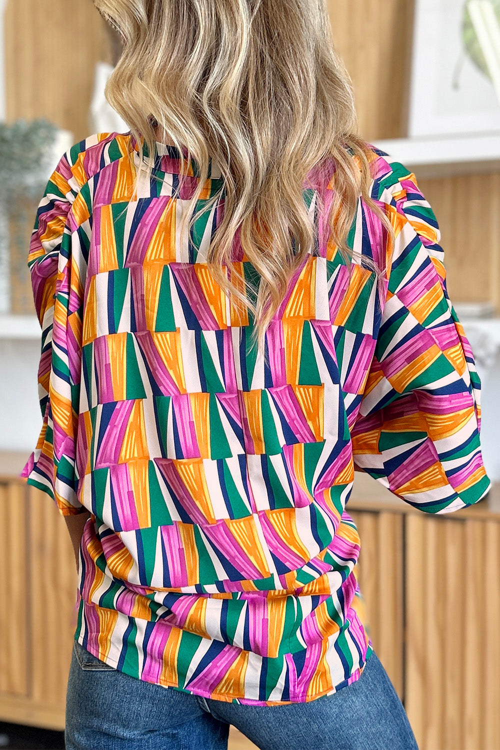 Double Take Geometric Notched Raglan Sleeve Blouse