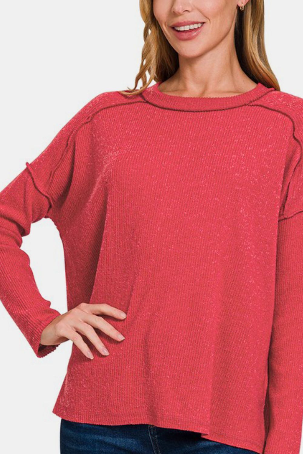 Zenana Exposed Seam Brushed Round Neck Sweater