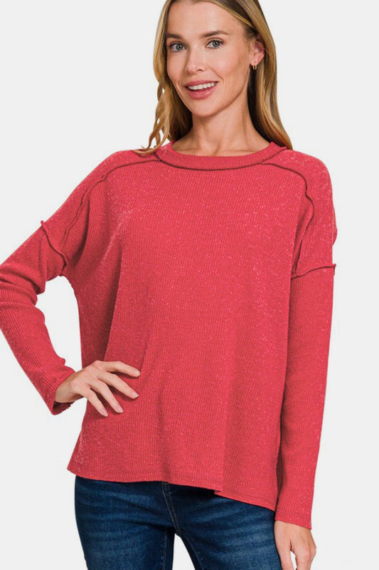 Zenana Exposed Seam Brushed Round Neck Sweater