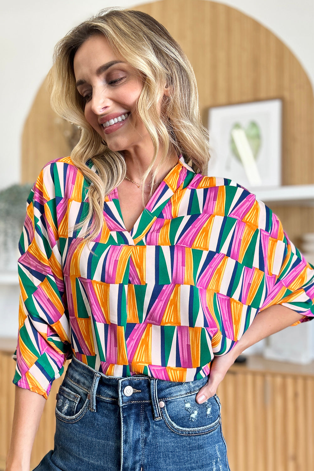 Double Take Geometric Notched Raglan Sleeve Blouse