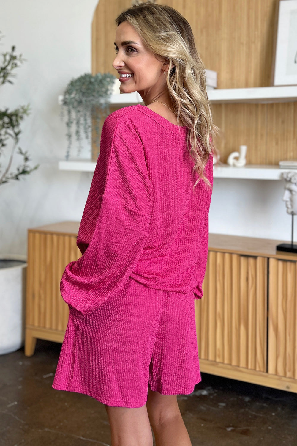 Double Take Texture V-Neck Long Sleeve T-Shirt and Shorts Set