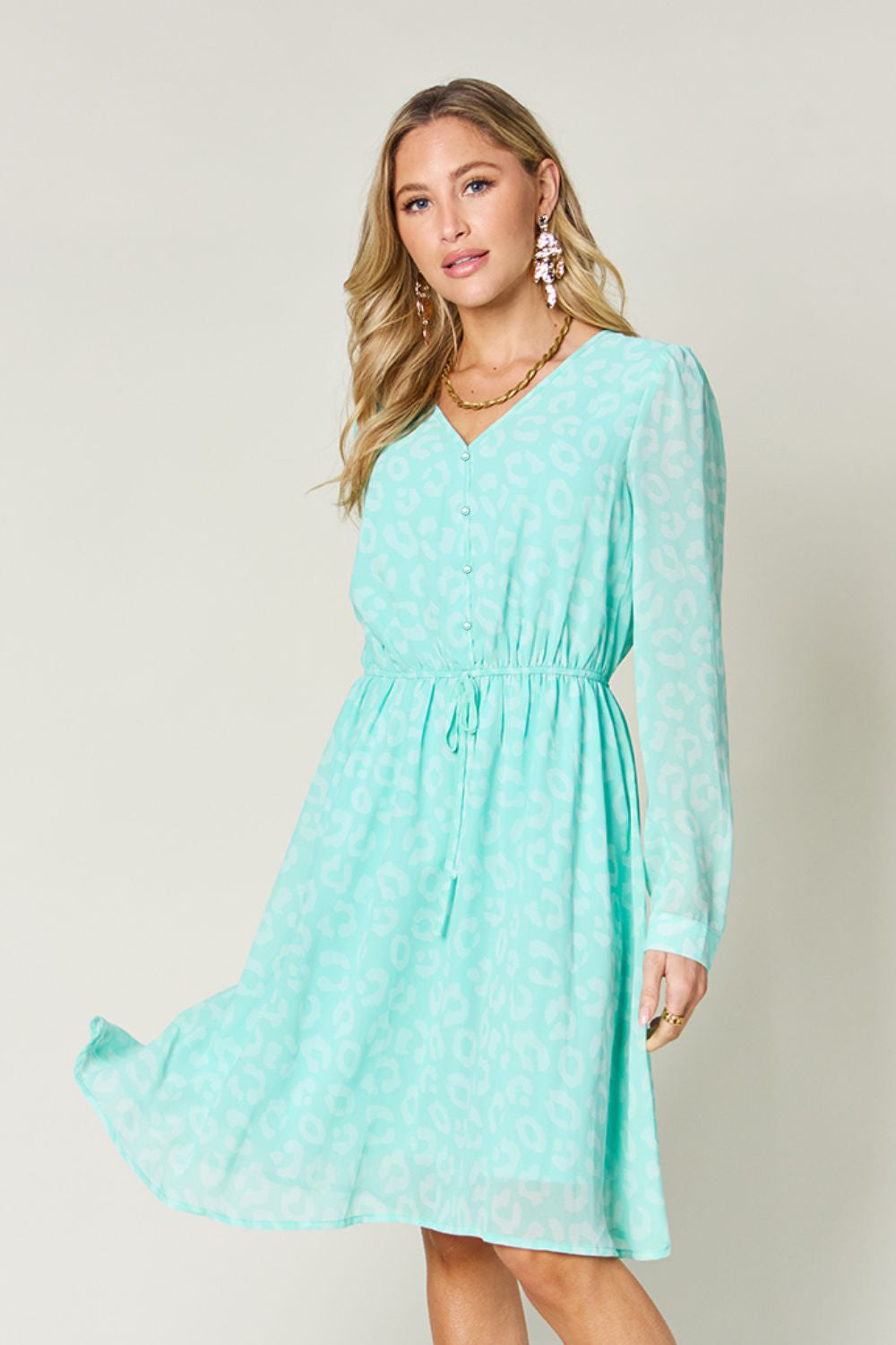 Double Take Printed Ruched V-Neck Long Sleeve Dress