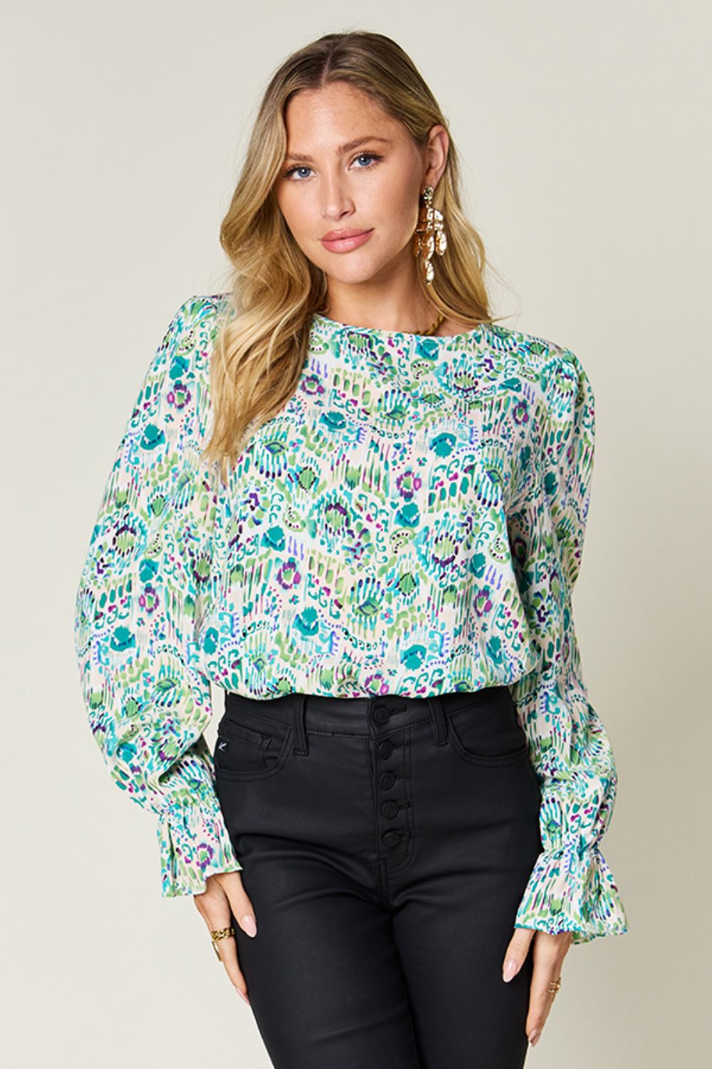 Double Take Printed Flounce Sleeve Blouse