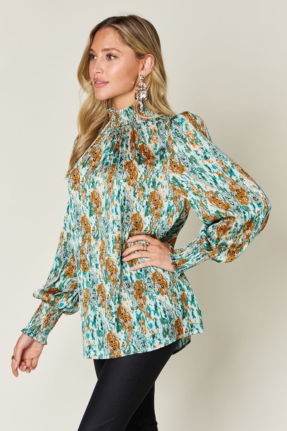 Double Take Printed Smocked Long Sleeve Blouse