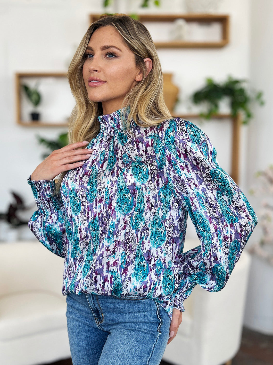 Double Take Printed Smocked Long Sleeve Blouse