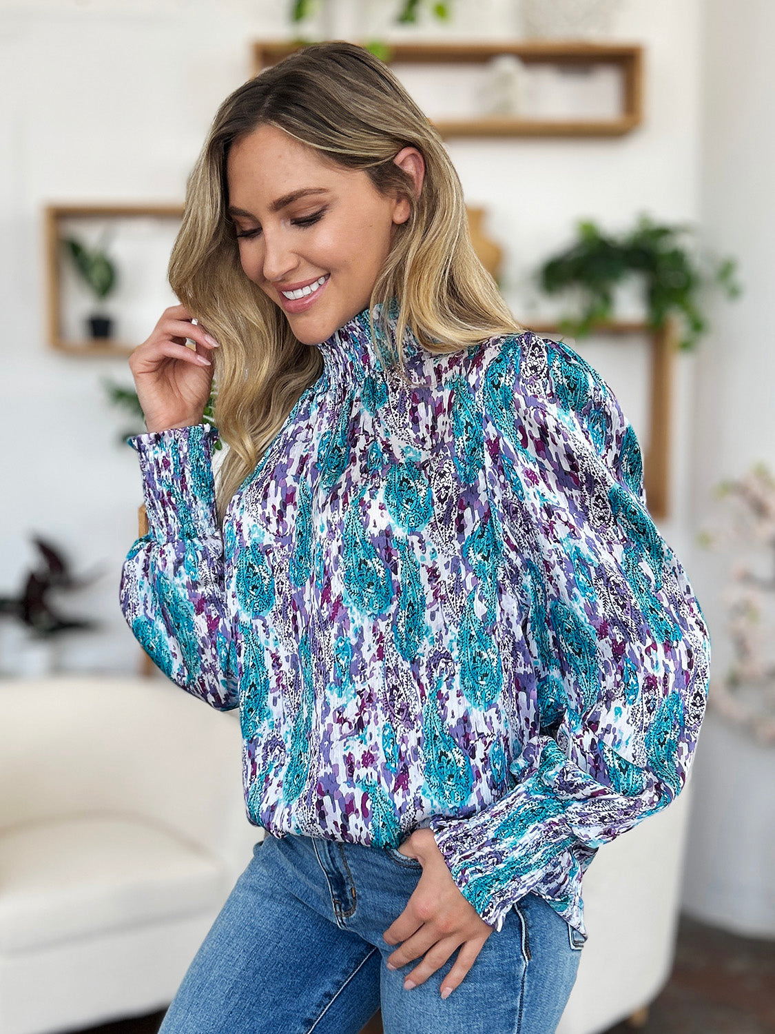 Double Take Printed Smocked Long Sleeve Blouse